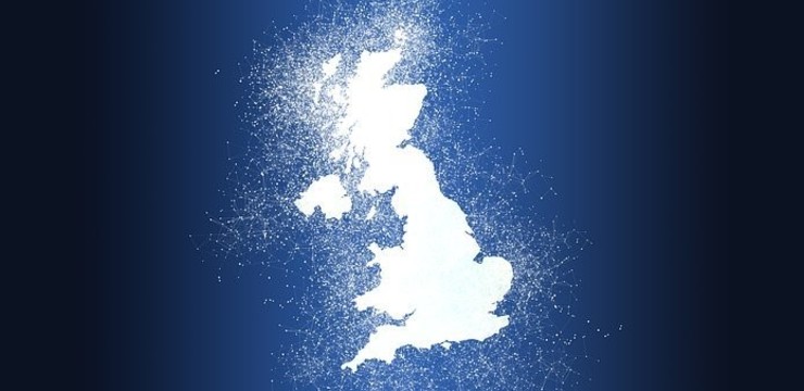 outline of United Kingdom in white on blue background